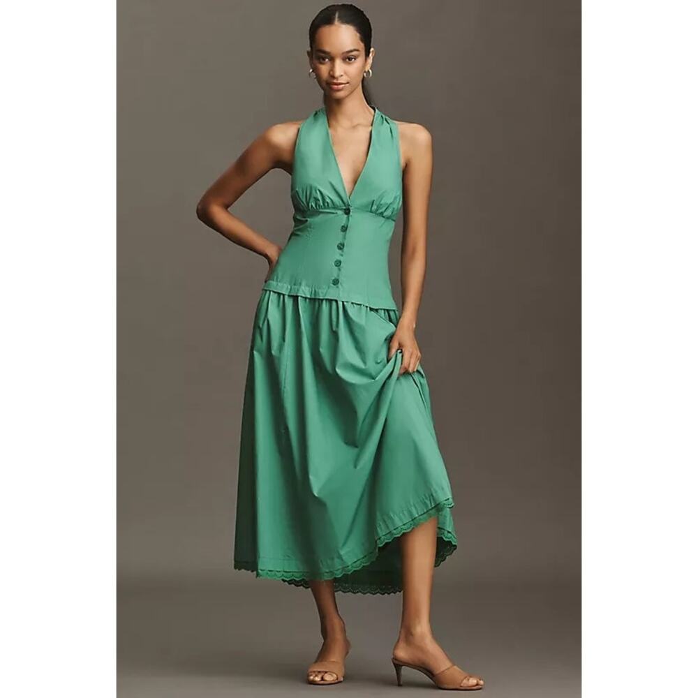 Anthropologie Maeve Women's Halter V-Neck Drop-Waist Midi Dress Size L NWT